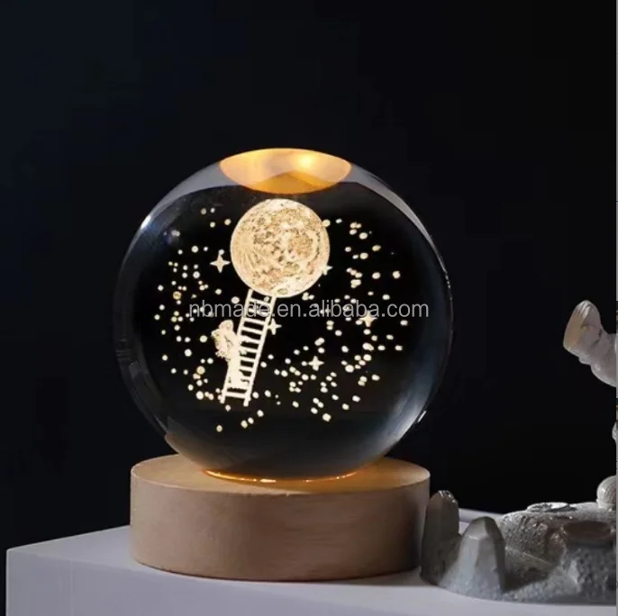 Solar System Moon Nebula 3d art K9 crystal ball Night Lamp luminous Crystal 3d Ball Night Lamp with Wooden Led Night Light Base