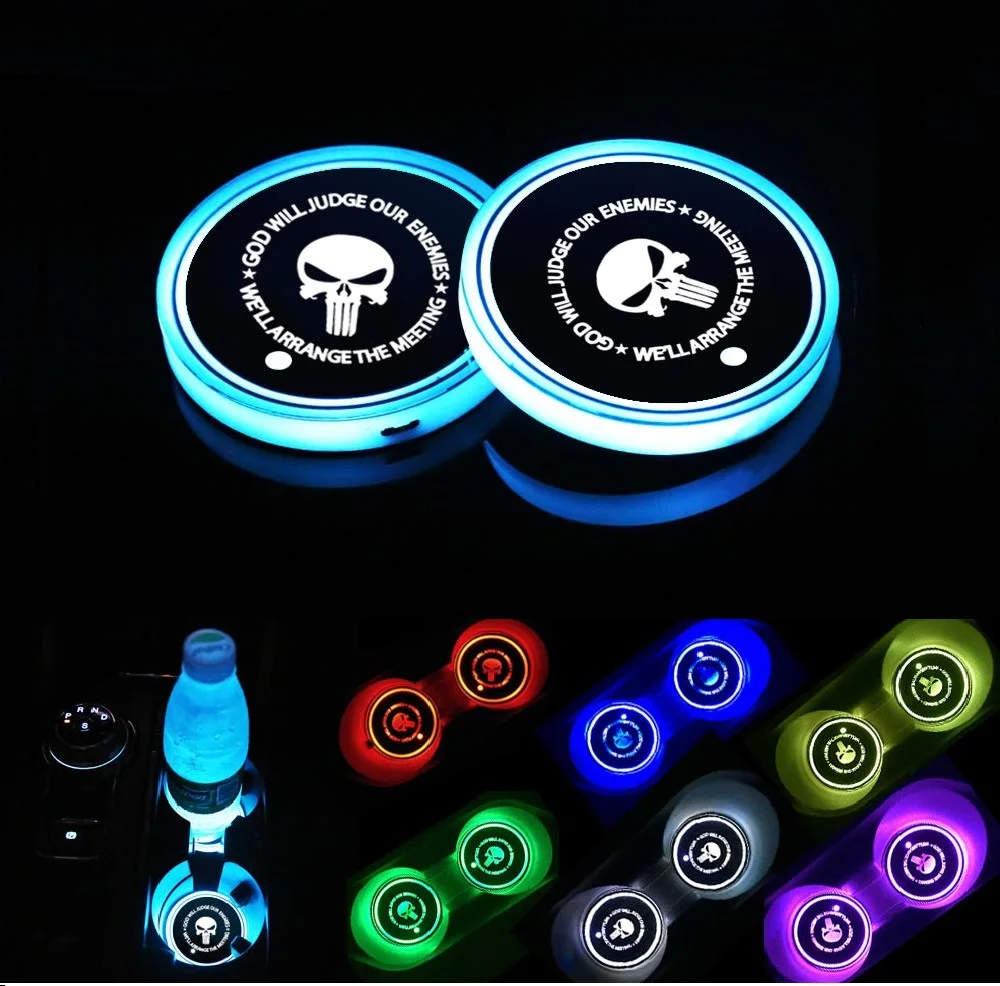 Car LED Cup Lights Personalized Custom Auto Brand Logo RGB 7 Colors  Lights anti - skid pad USB charging atmosphere  coasters