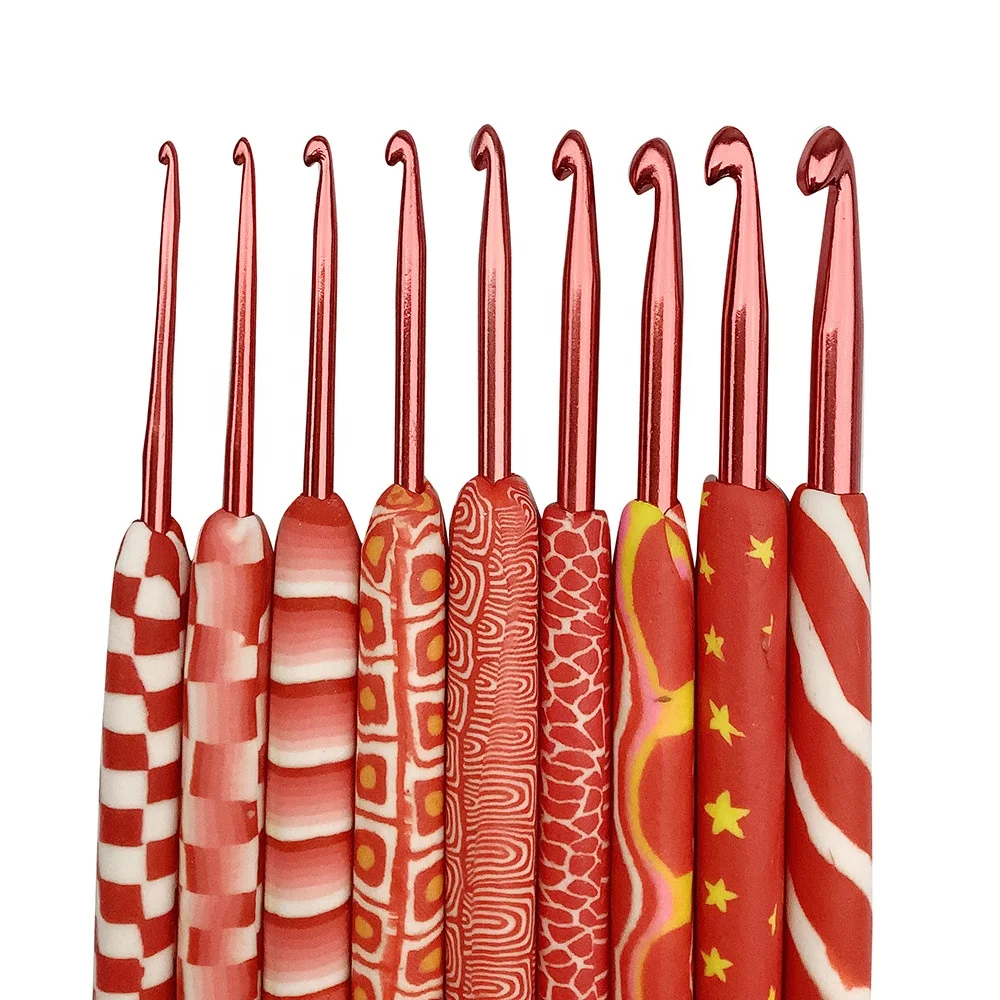 SHELIKE Knitting tools Sweater needle long red polymer clay handle aluminum crochet a set of 9 OPP bag packaging