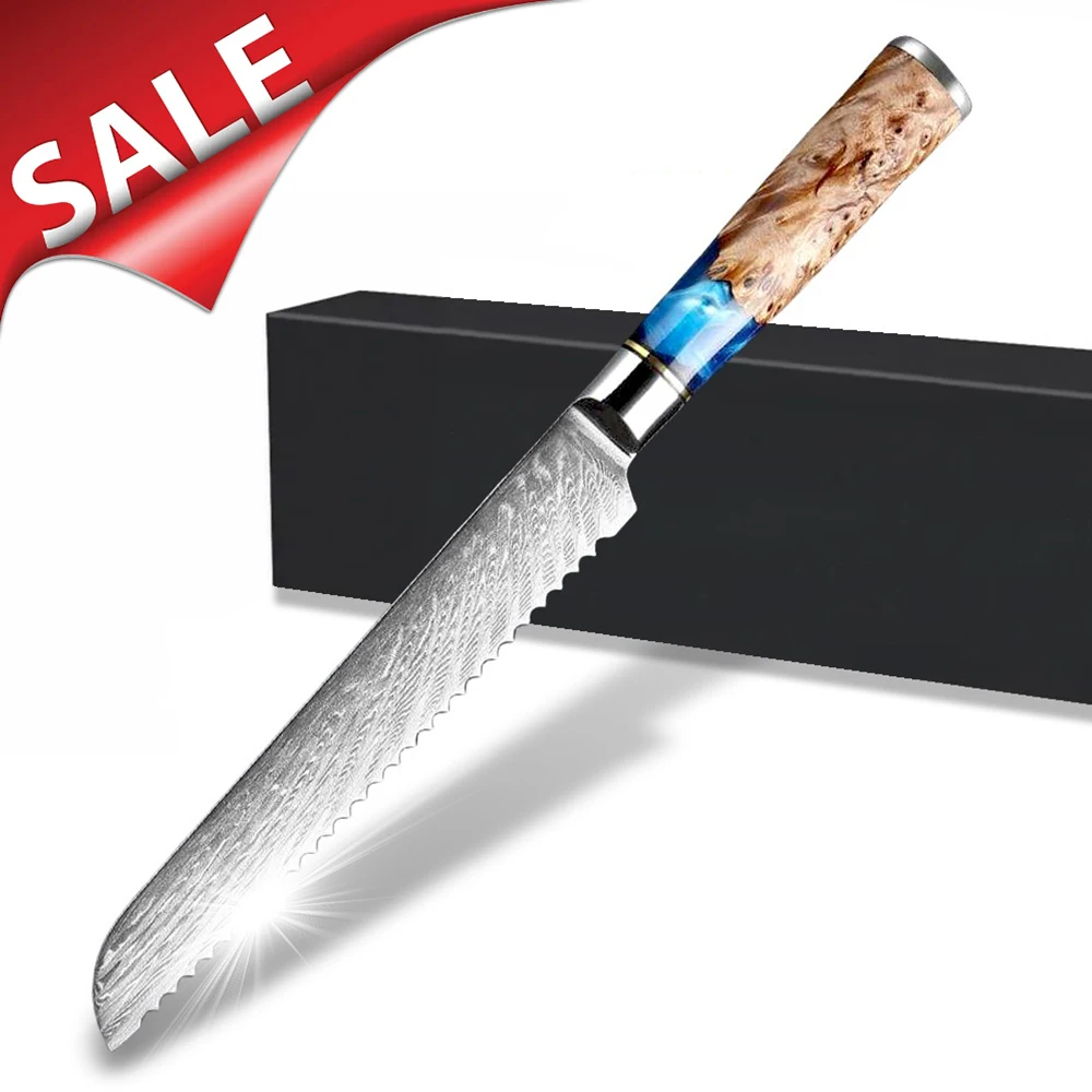 Custom Free Logo 8 inch 67 layers vg10 serrated bread knives damascus bread knife with logo gift box
