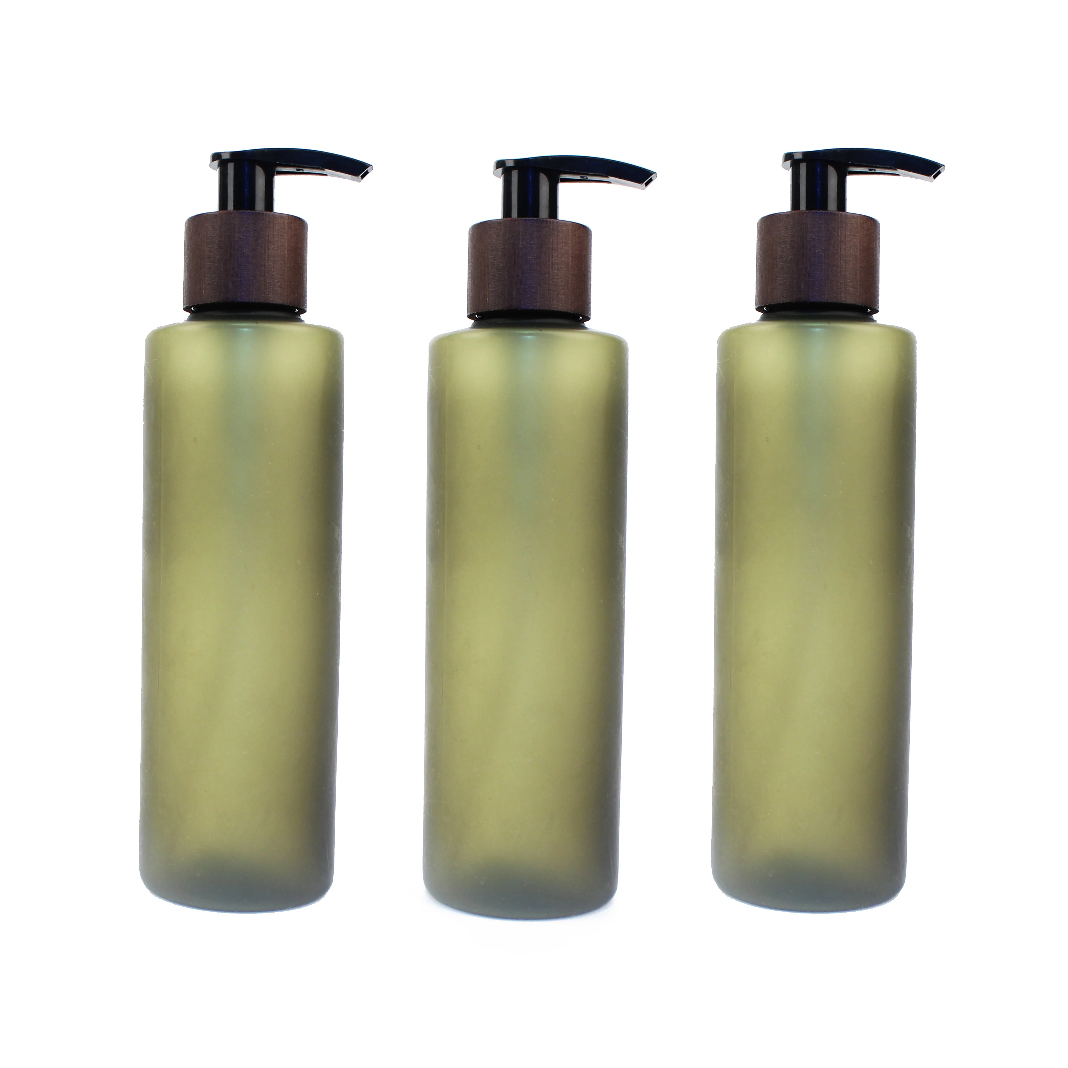 Empty frosted olive green 250ml 8OZ PET Plastic Shampoo Shower Gel Lotion bamboo Pump Bottles for Shampoo BP1C