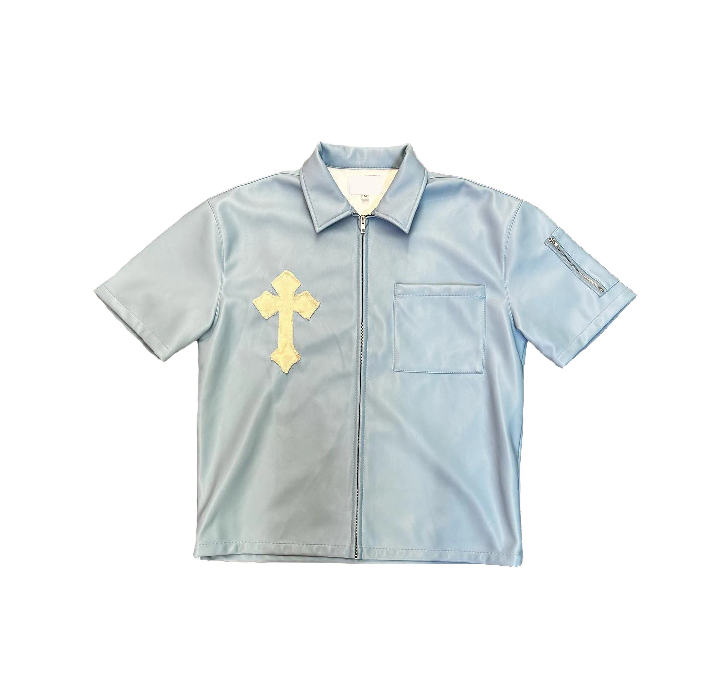 Custom Patch Oversized Short Sleeve Collar Zip Up  Applique Embroidery  With Logo Vintage Boxy Leather T Shirt