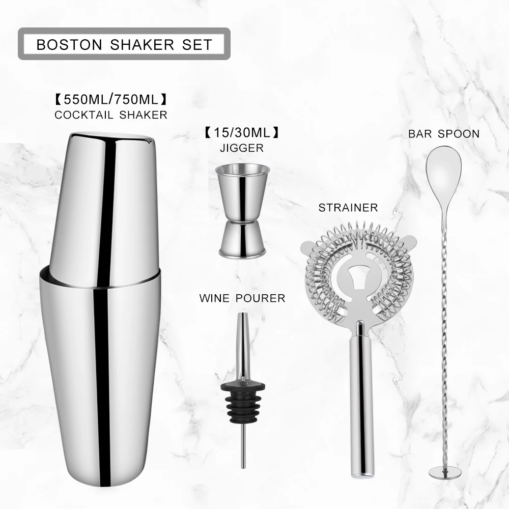 5 pcs Bar Tool Cocktail Boston Shaker Set Stainless Steel Martini Wine Bartending Kit with Jigger Strainer Spoon Pourer
