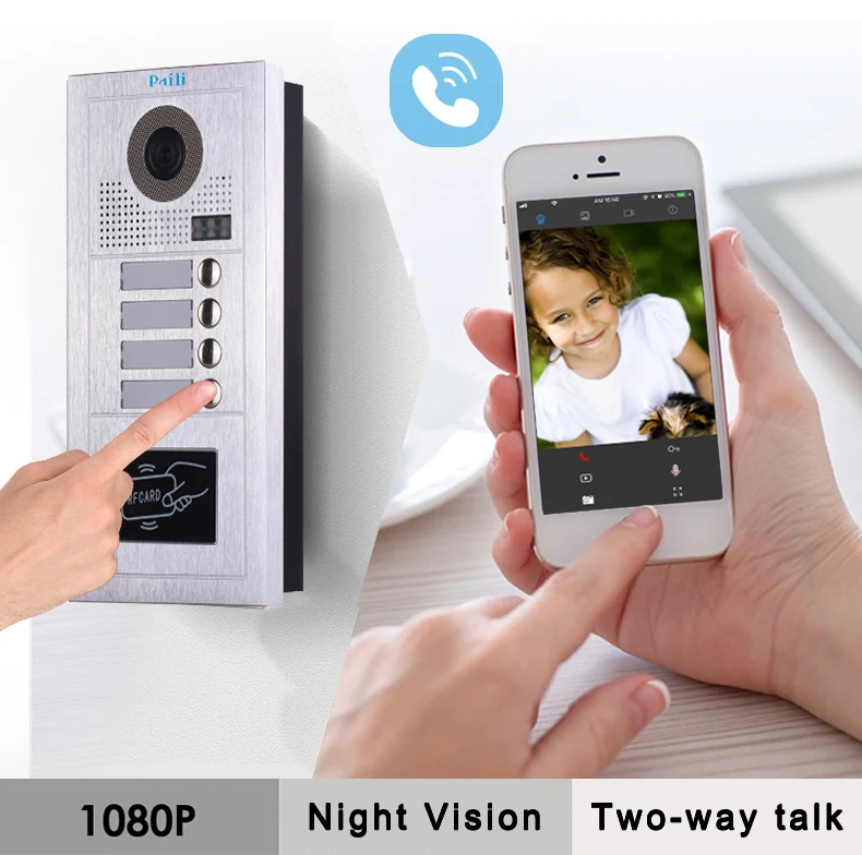 4 Monitors 1 Camera Four Apartments Wired Video Door Phone Audio Visual Intercom System RFID Doorbell