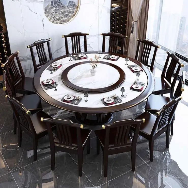 New Chinese Style Hotel Family Dining Room Rock Panel Full Solid Wood With Turntable Dining Table And Chair Combination