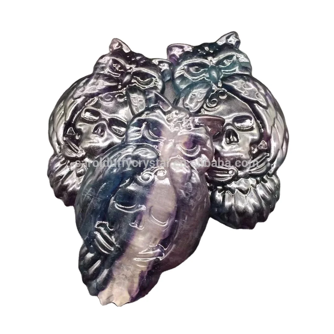 
Wholesale High Quality Natural Rainbow Fluorite Crystal Carved Owl Skulls for Home Decoration 