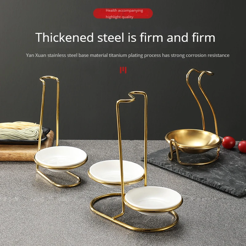 Golden Stainless Steel Spoon Rest Holder Ladle Holder Rack with 2 Bowl Dish for Restaurant