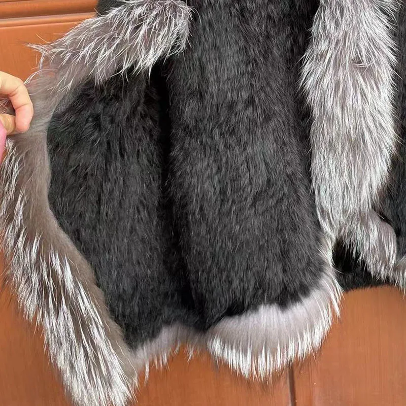 2024 Women Knitted Real Rabbit Fur Poncho Autumn Winter Genuine Fur Cape With Real Fox Fur Trimming