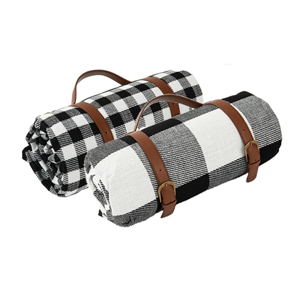 
Woven Acrylic Plaid outdoor picnic rug foldable picnic waterproof blanket mat with leather strap 