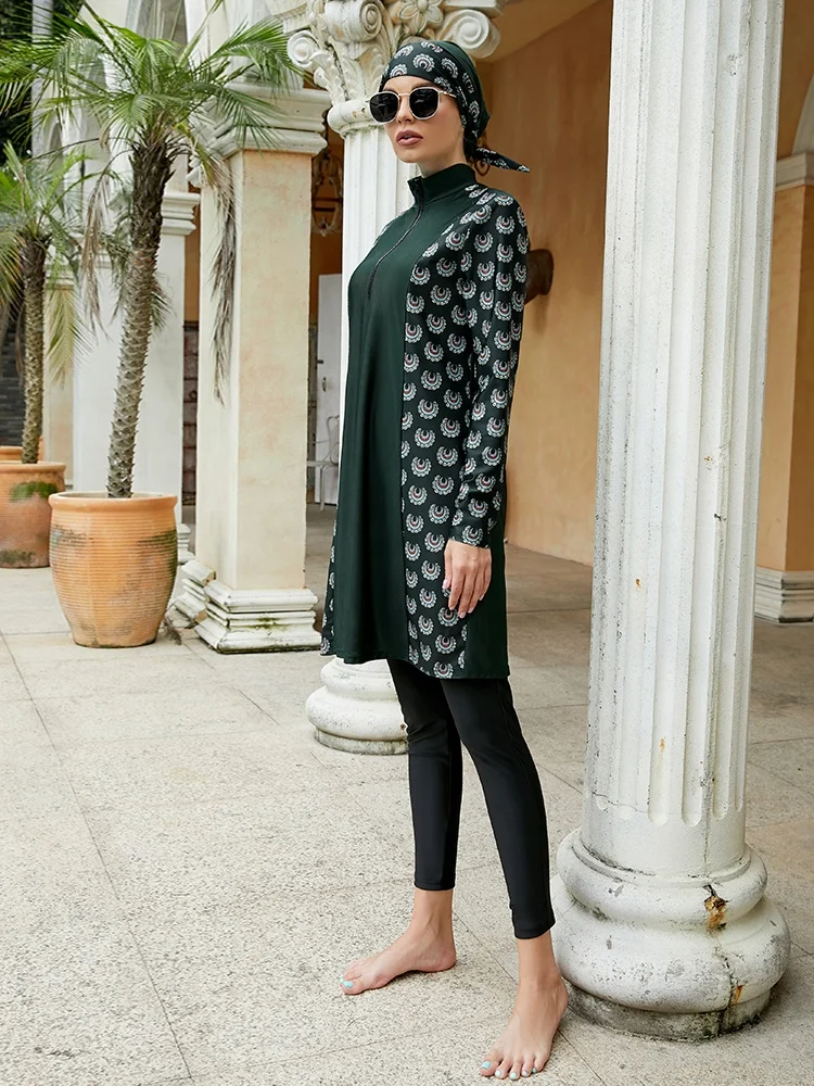 3 Piece Printed Mature Thong Muslim Modest Swimwear Borkini Full Wrap Stretch Slim Fit Long Sleeve Swimsuit Bucket Hat