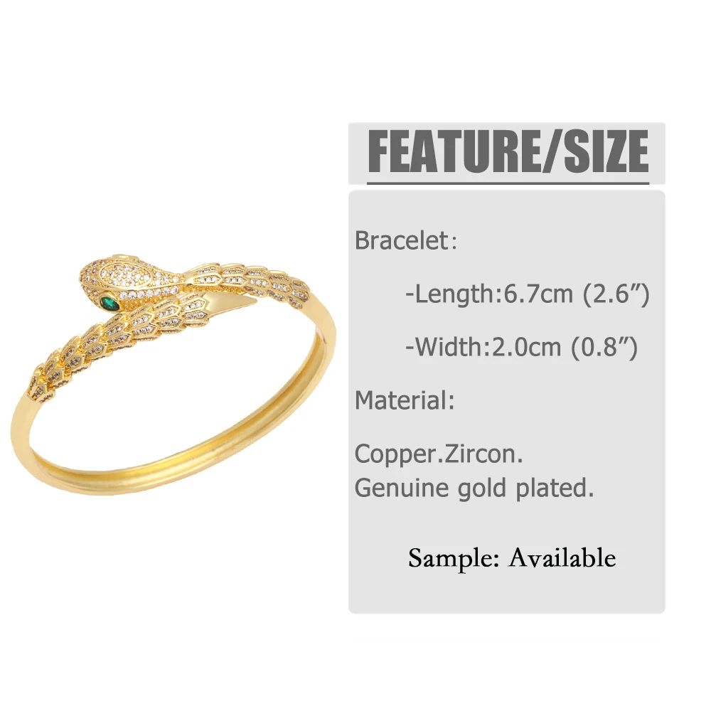 Gold Tone Copper Alloy Icing Zircon Green Snake Eye Snake Head Bangle Cuff Bracelet for Women