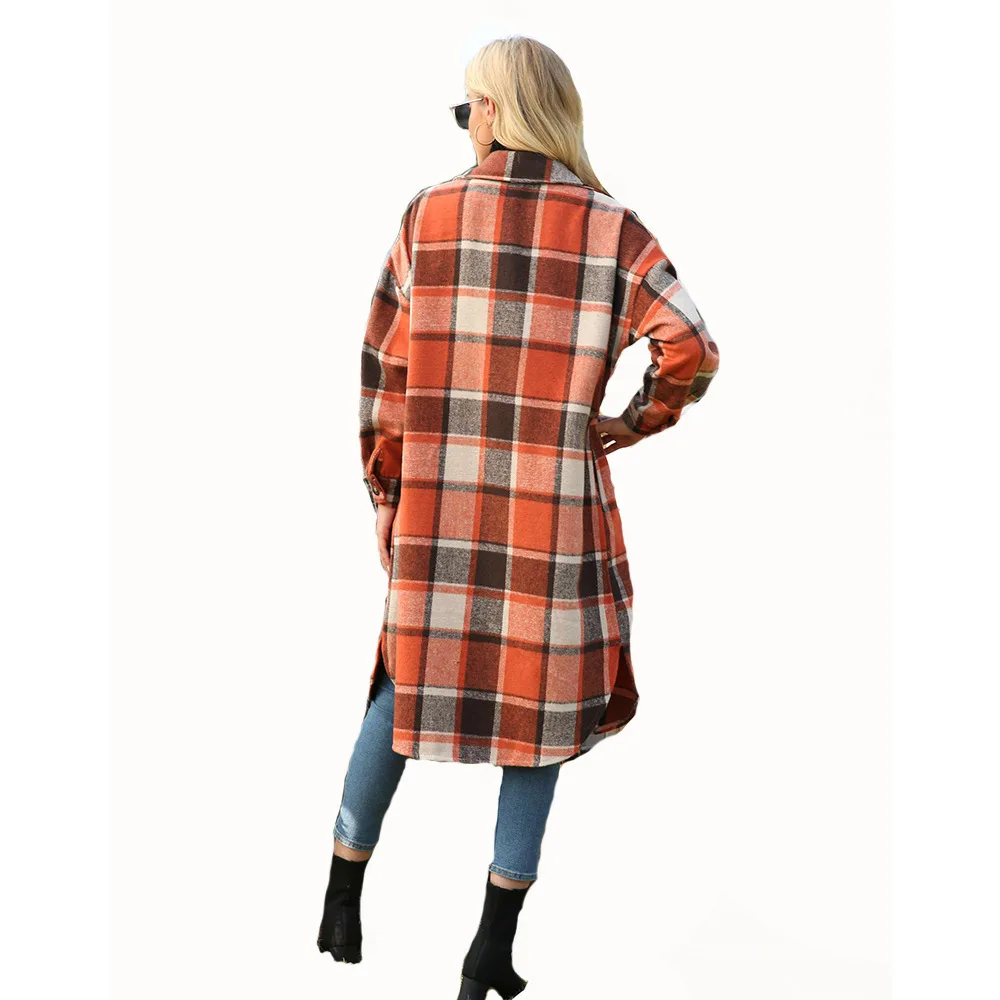 2021 Autumn Wholesale Long Sleeve Ladies Plaid Woolen Coat with Pocket Jacket Woman Jacket plaid trench coat