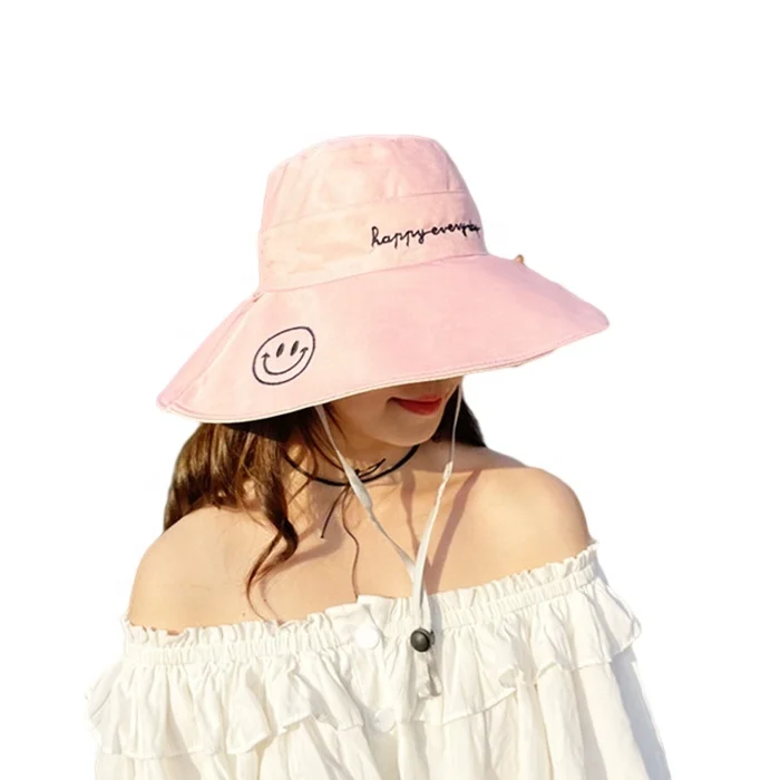Plain dyed smiling face pattern sun hat, Japanese big brim fisherman hat, spring and autumn double-sided basin hat