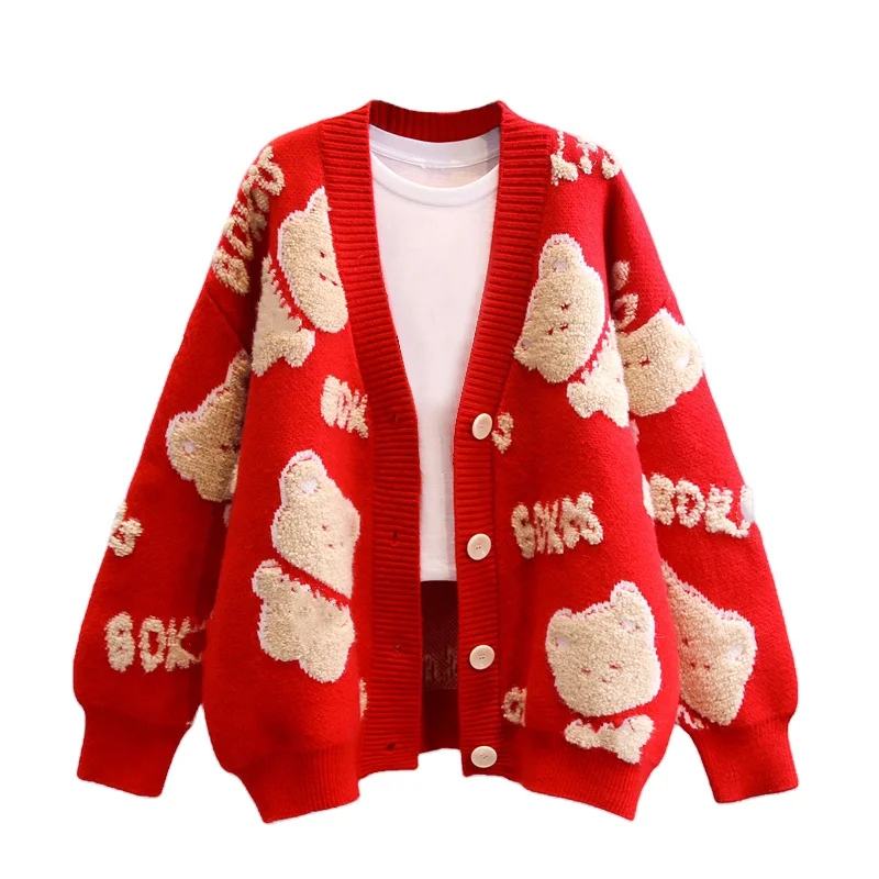 2023 Custom Women  Jacquard Sweater knitwear Girls knit winter long Sleeve ladies clothes Knitted Cardigan sweater women