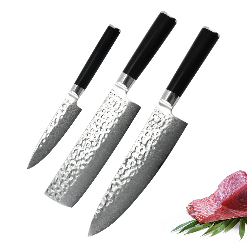 Japan High Carbon Steel 5-Piece Kitchen Knife Set Hammered knives Damascus knife set  with Ebony Wooden Handle