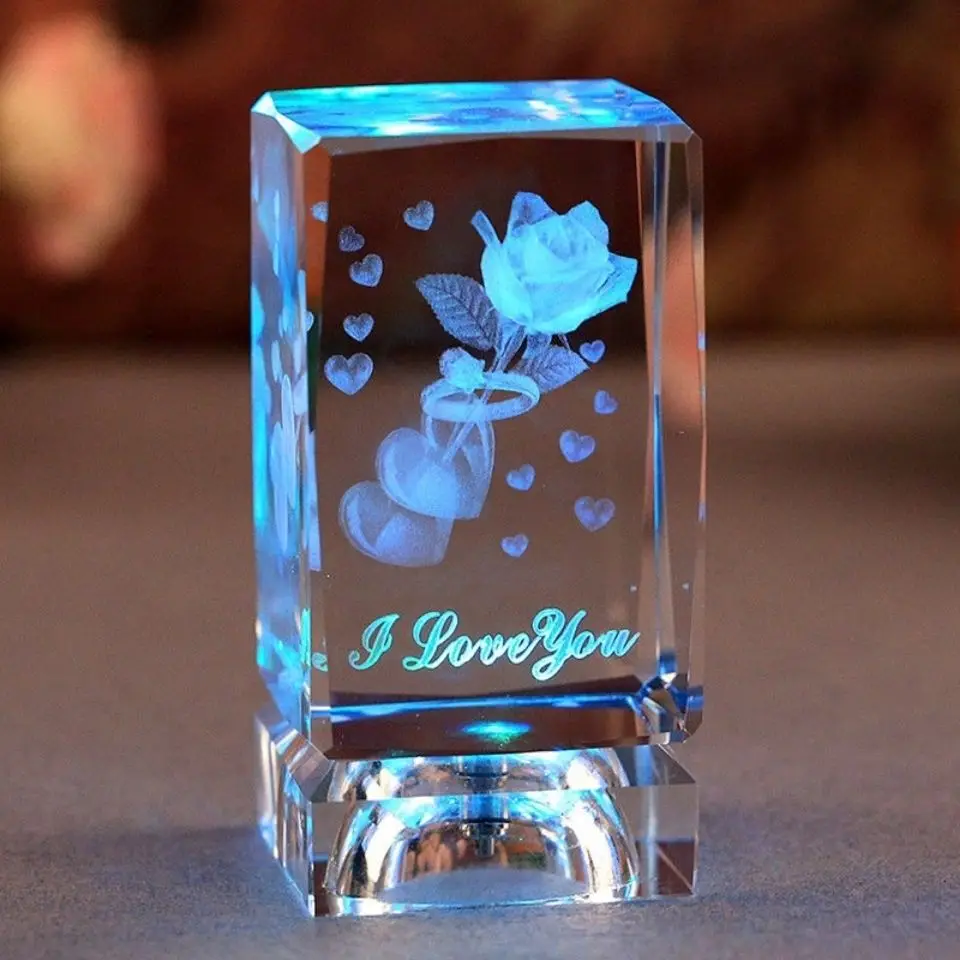 hot 3d crystal photo cube 3d laser engraving beautiful 3d laser crystal rose cube with led light