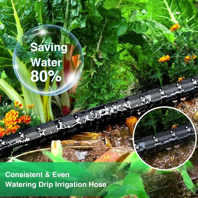 Soaker Hose Garden Beds, Flat Soaker Hose Save 80% Water, Lightweight Tough Drip Hose for Lawn, Plants