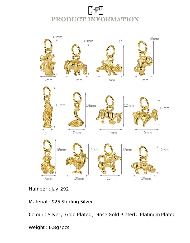 Chinese Style Pendant 925 Sterling Silver 12 Symbolic Animals Gold Plated Charm for Jewelry Necklace Bracelet Making