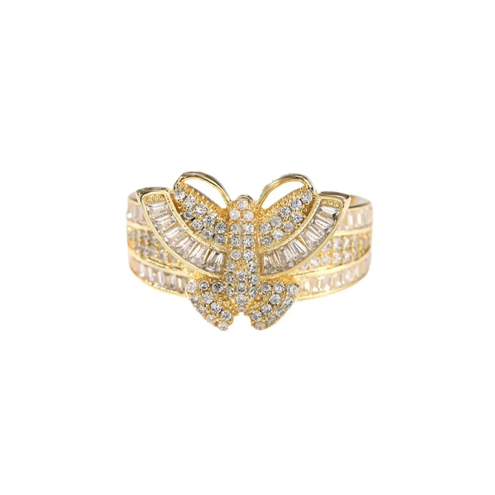 Hiphop Fashion Gold Plated Copper Butterfly Zircon Finger Ring Jewelry For Women Girls