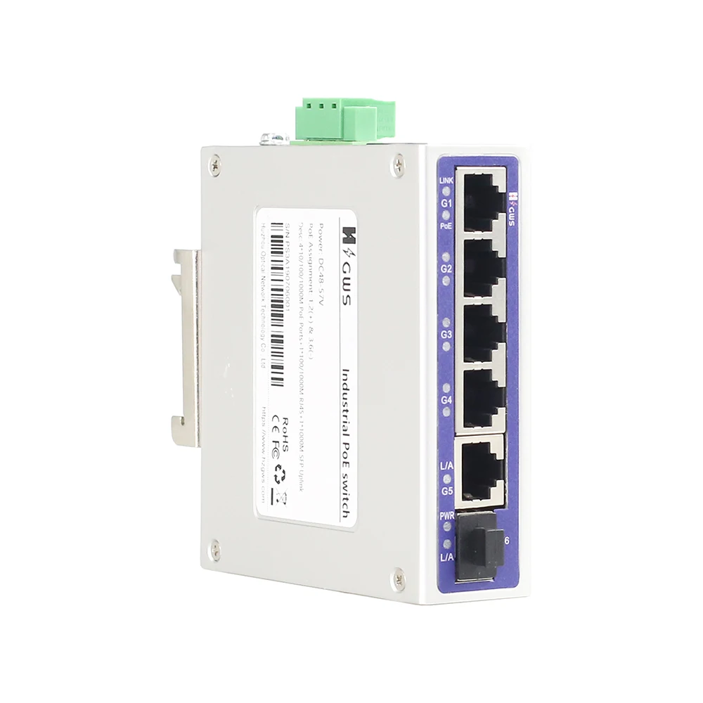 Unmanaged Fast 5*10/100/1000M POE +1*1000M SFP Din-rail industrial Fiber Switch dual power for Security Camera system