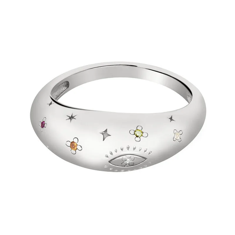 Wedding jewelry 18k gold plated star turkish evil eye engraved cubic zircon 925 sterling silver croissant ring jewelry for girl