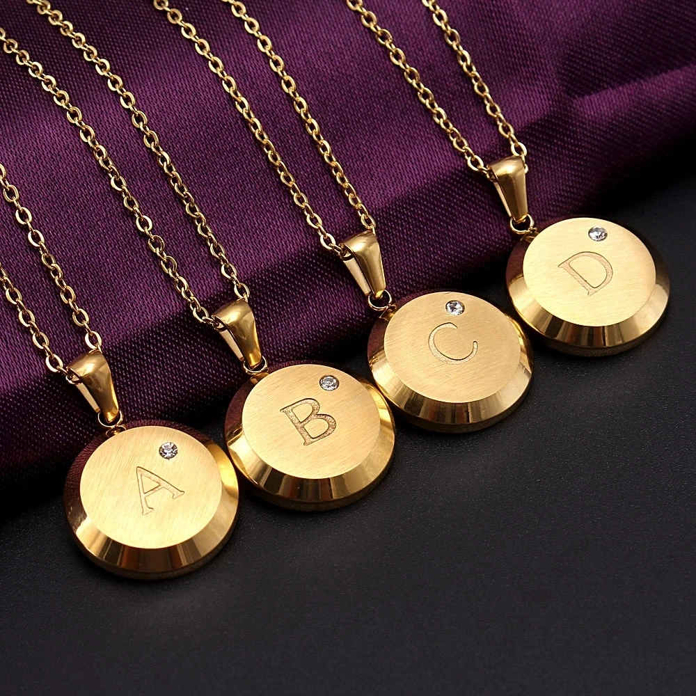 Fashion Jewelry Letter Pendant Stainless Steel Necklace Zircon Alphabet Letter 18K Gold Plated 26 A-Z Inital Women Accessories