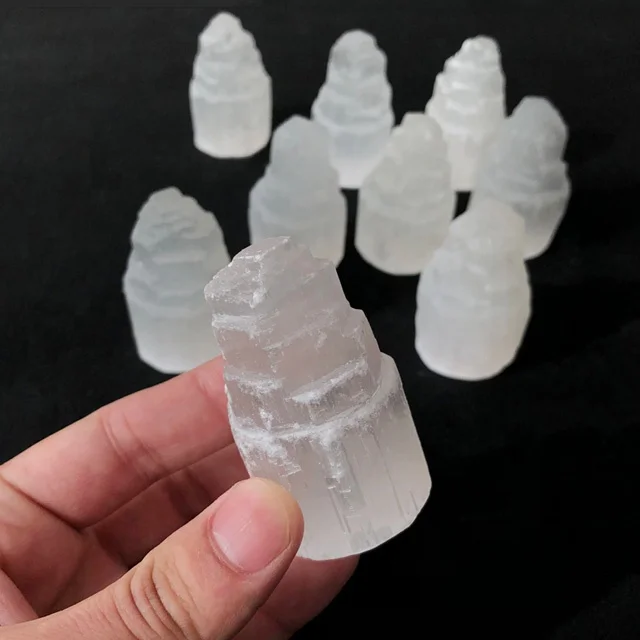 Натуральная резная Хрустальная чакра, лечебная белая грубая мини-башня селенита