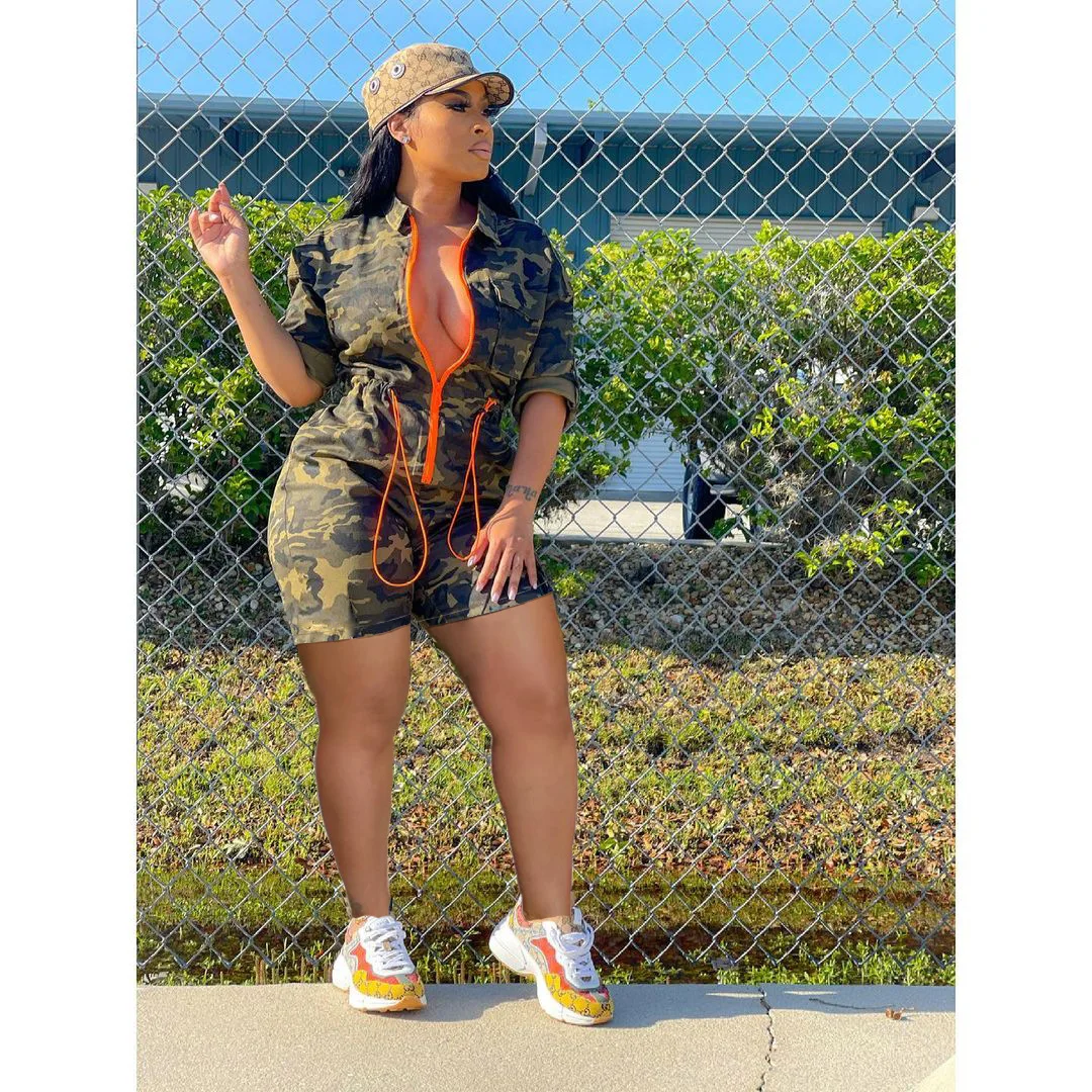 MT01-183  Women Clothing 2021 Summer Deep V Neck Romper Shorts Women Camouflage Jumpsuit plus size women clothing