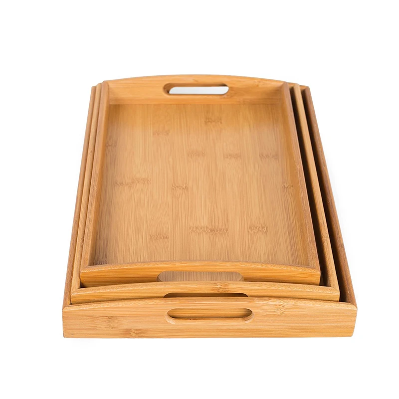 Wholesale Set of 3 Multipurpose Decorative Tray Coffee Table Tray Bamboo Serving Tray with Handles