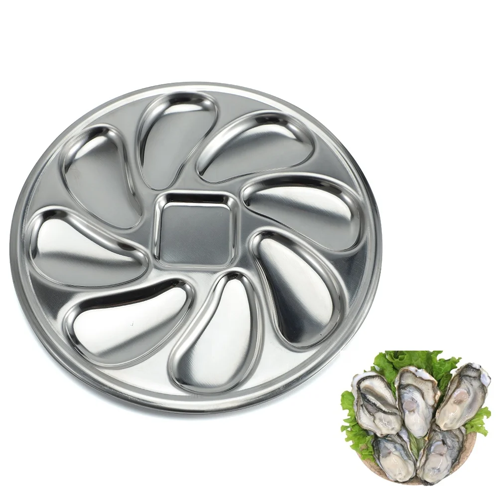 8 Slots Stainless Steel Plate Shell Shaped Tray for Oysters Sauce Lemons