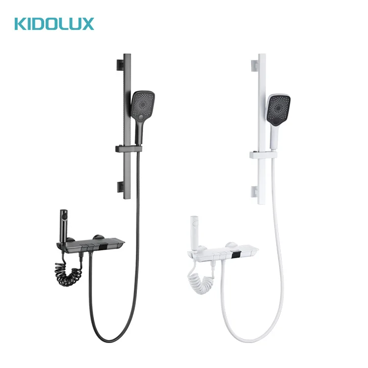 Kidolux Luxury Brass Shower Valve Square Shower set Bathroom Wall Mounted Wholesale Brushed Grey Thermostatic Shower Faucet