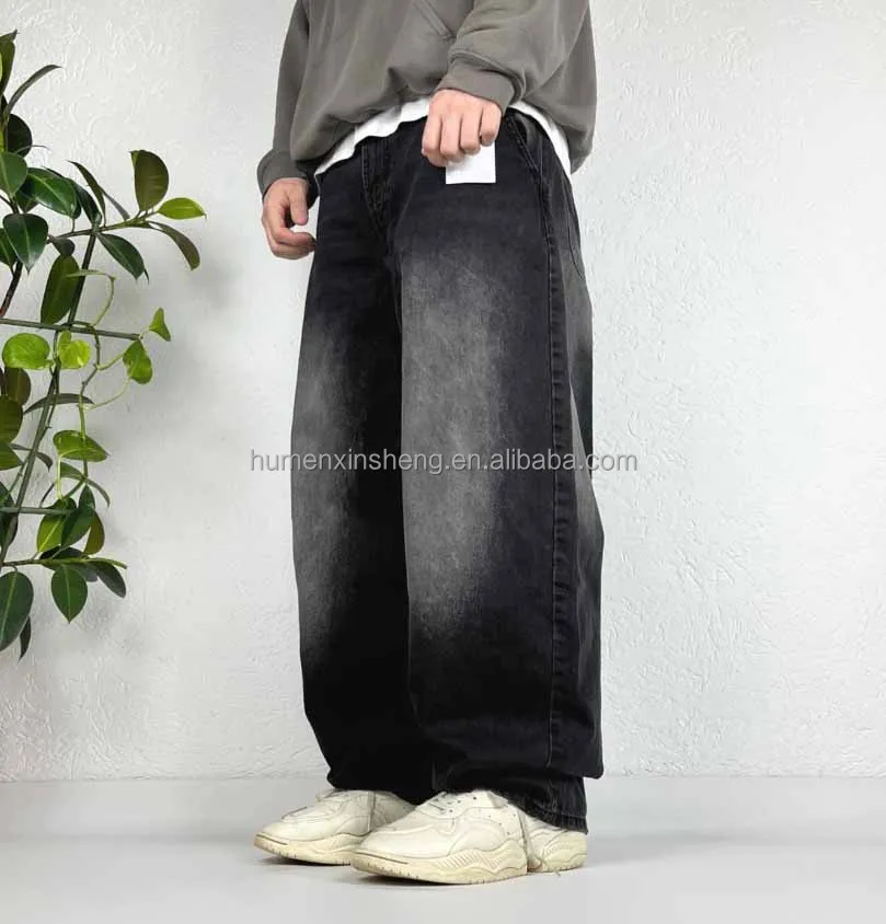 2024 streetwear custom mens loose black blank trousers oversize wide leg baggy denim pants jeans for men