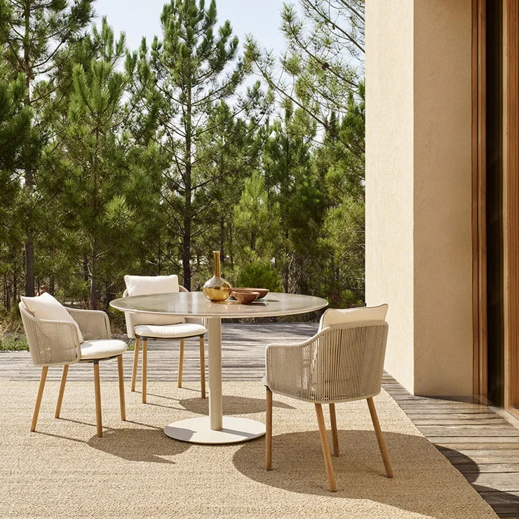 Luxury Teak Garden Furniture Set Patio Cafe Restaurant Round Table And Chair Rope Outdoor Dining Set