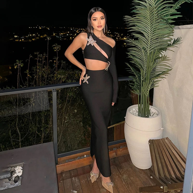 Elegant Hollowed One Shoulder Sloping Shoulders Dresses Long Sleeve Sexy Bodycon Vestidos Party Black Cocktail Dresses Female