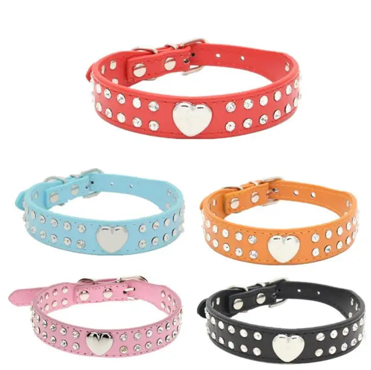 PU Leather pet dog Collars Adjustable Luxury heart shape Diamond Waterproof Dog Training Collar for Small Dogs and Cats