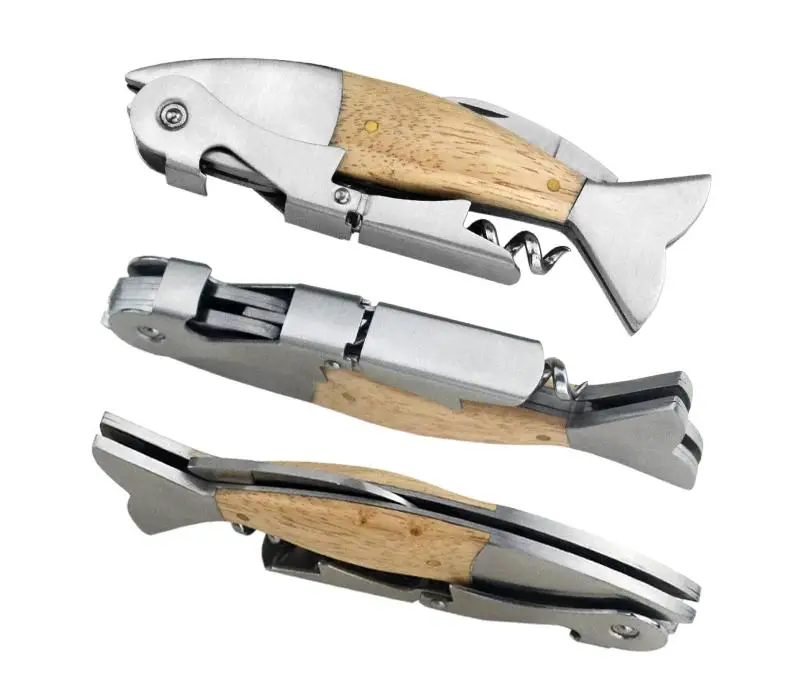Fish Shaped Wine Opener Wood Handle Professional Metal Openers Multi-function Portable Screw Corkscrew Wine Bottle Opener