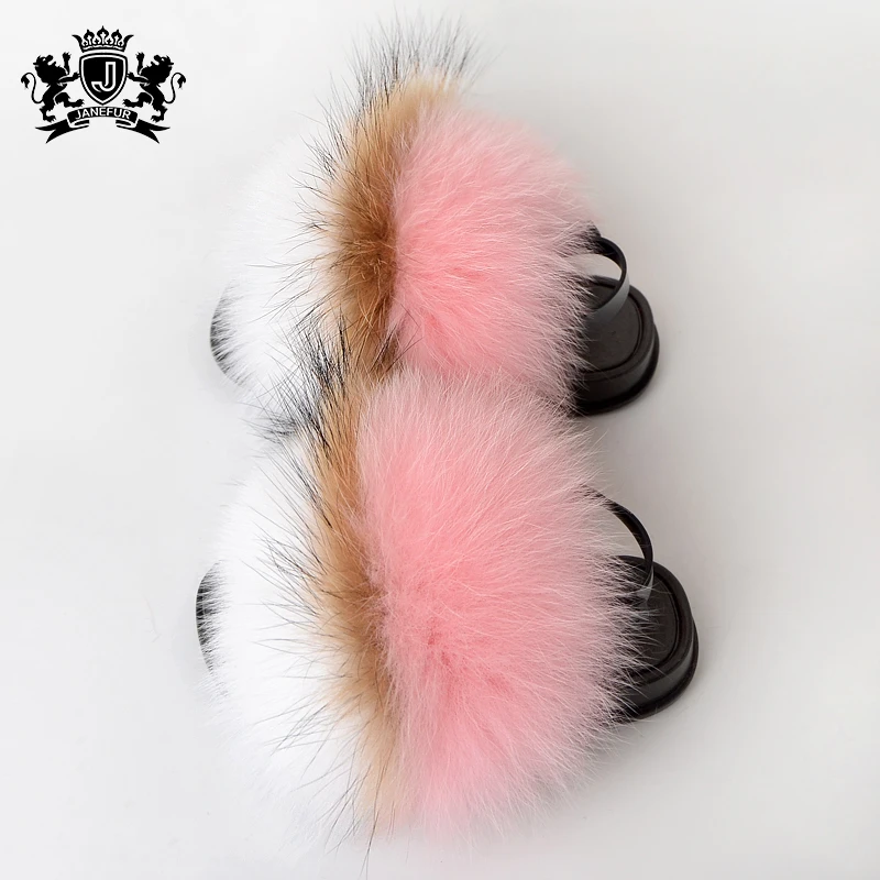 Summer Soft  toddler fox Fur Slides fur sliders with strap Children Fox Fur sandals/kid soft soles slippers
