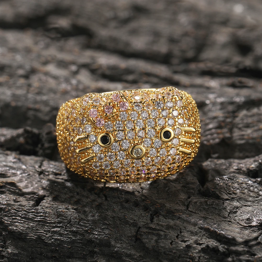 Sanrio Cartoon HK Cat Rings with Cat Face Ring Women 18K Gold Plated Iced Out 5A CZ Y2K Cute Jewelry Girls Ring
