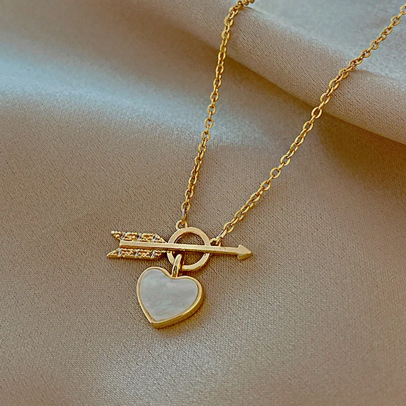 Simple Exquisite Cupid Arrow Shell Love Heart Pendant Necklace Female Stone Crystal Clavicle Chain Neck Chains For Women