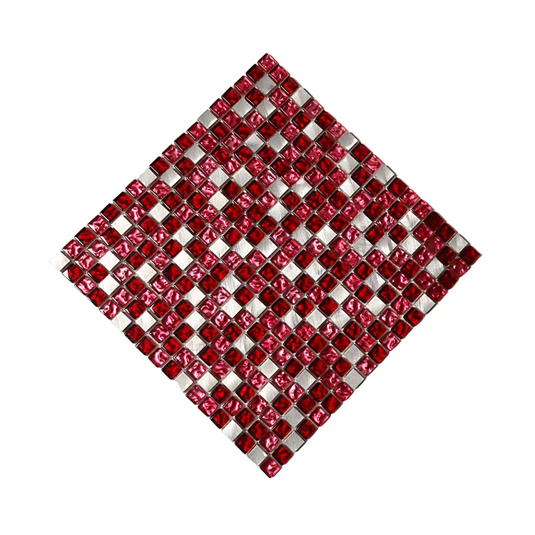 Factory Discount Price Silver Aluminum Metal Red Mixed Glass Mosaic Tile Tiles For Walls