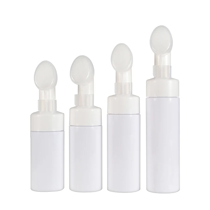 Facial cleanser 30ml 50ml 100ml 150ml 200ml clear white  PET plastic mousse foam pump bottle with silicone brush