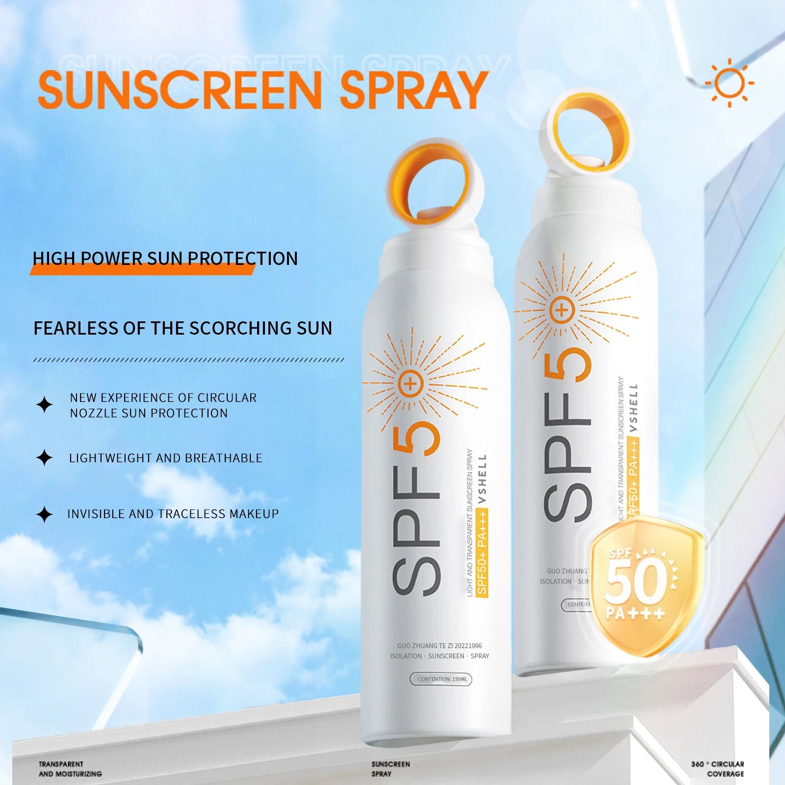 Private Label Sunscreen Spray SPF 50+ PA+++ Organic Outdoor Anti-Ultraviolet Physical Sunblock for Face & Body Sunscreen Spray