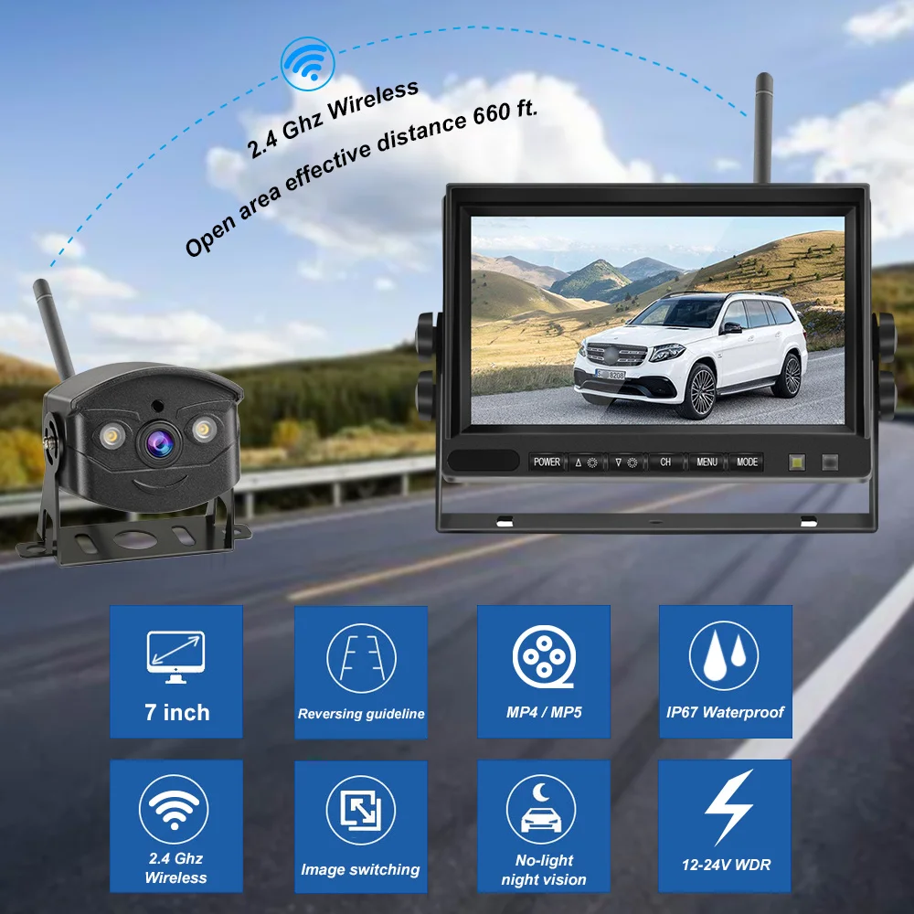 7 Inch Car Monitor Wireless Truck Backup Rear View HD Display and Wifi Reverse Backup Camera for Car RV Bus TV Display Screen