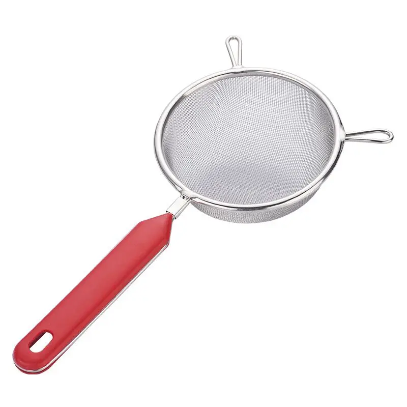 F3-308 Stainless steel short handle double ear net leaky spoon creative red handle flour sieve filter spoon net