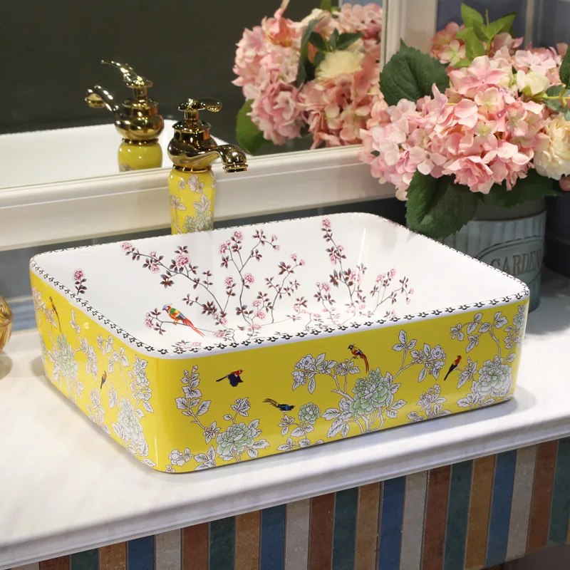 Ceramic Rectangular Bathroom Vessel Sink, Above Counter Porcelain Small Sink with Faucet Combo, Color Body with Trim on The Top