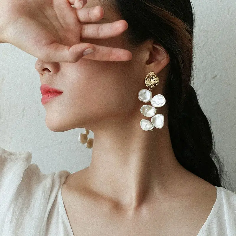 
Luxury brand earring gold plated flower petal Baroque Pearls Earrings for women with 925 silver 