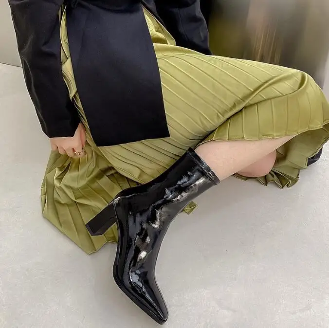Mid-tube short boots autumn and winter new thick and high-heeled patent leather white fashion boots women