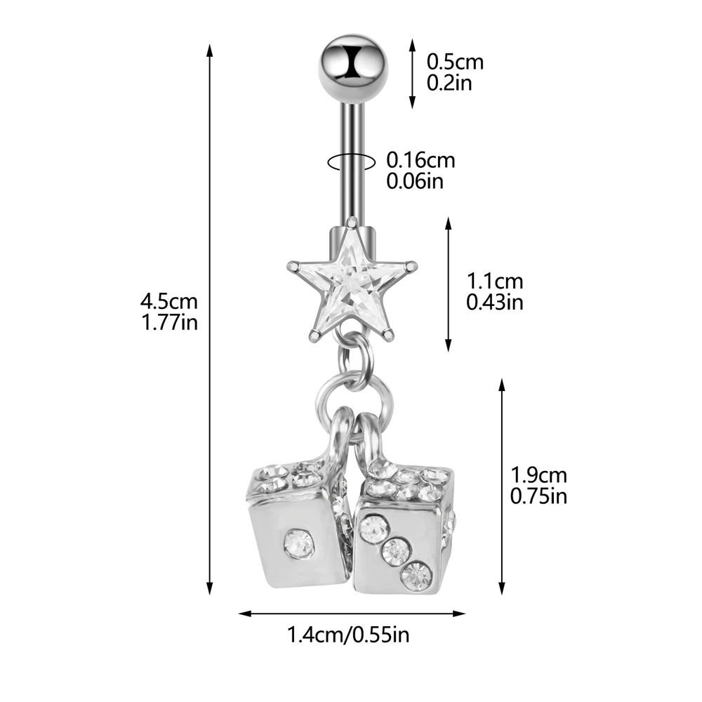 Stainless steel Dice Belly Button Ring Dangle Navel Belly Piercing Jewelry Crystal Navel Belly Rings for Women
