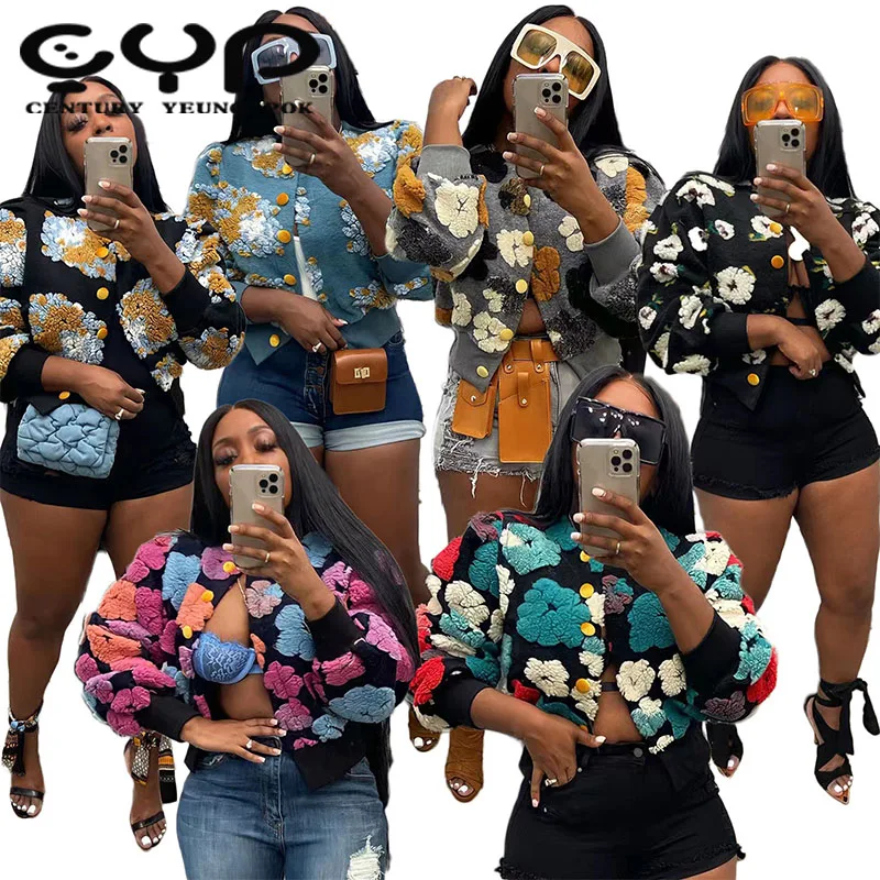 Fashion Vintage 3D Flower Fuzzy Button Single Breasted Winter Elegant Coat For Women Short Teddy Jackets