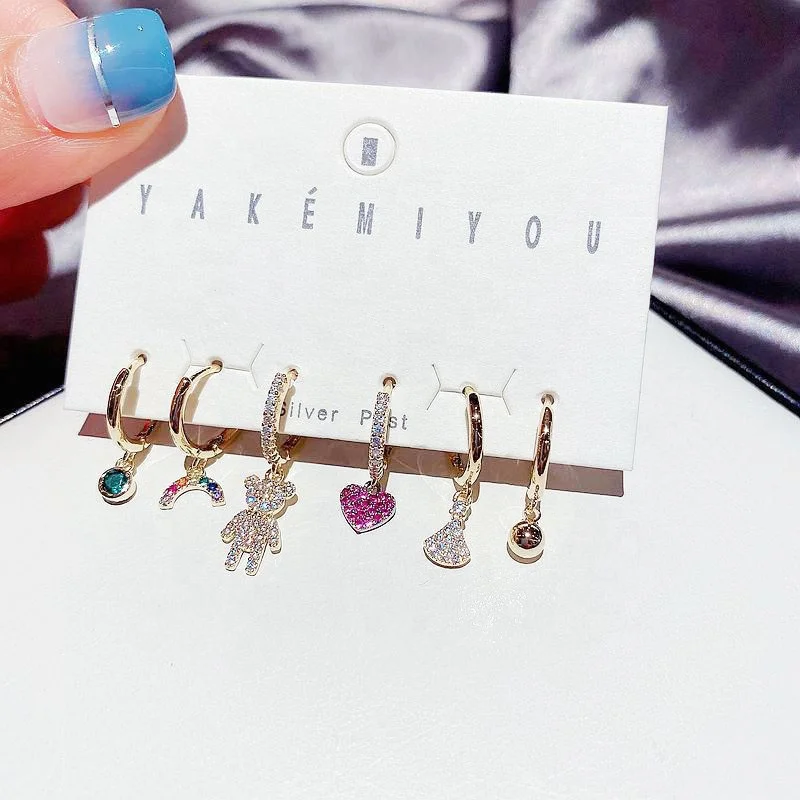 Fashion jewelry 2021 gold plated zircon hoop earrings red cz heart bear earrings set